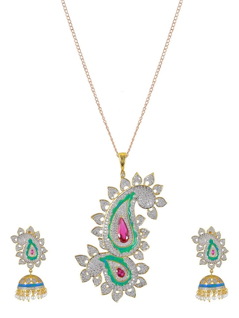 

Tistabene Gold-Toned & Green Traditional Enameled Designer Pendant Set