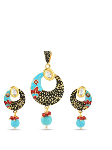 

Tistabene Women Brown & Blue Stone Studded Floral Enamelled Traditional Pendant Set