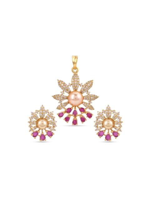 

Tistabene Gold-Plated Pink & White Stone-Studded Pendant Set