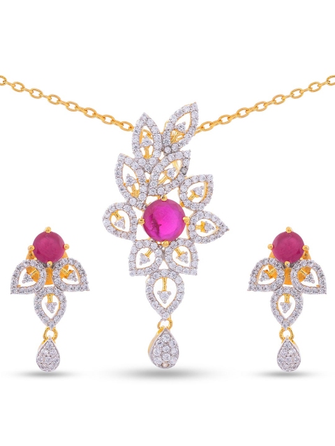 

Tistabene Women Gold-Plated Red & White Stone Studded Floral Pendant Set