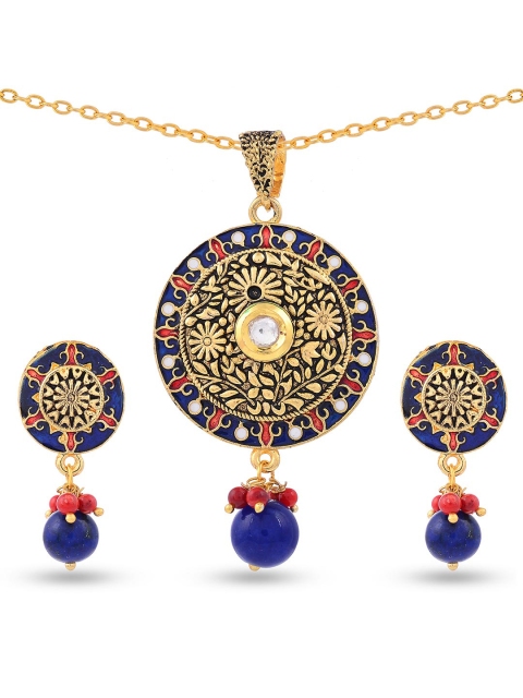 

Tistabene Blue & Gold-Toned & Rhodium-Plated Floral Enamelled Traditional Pendant Set