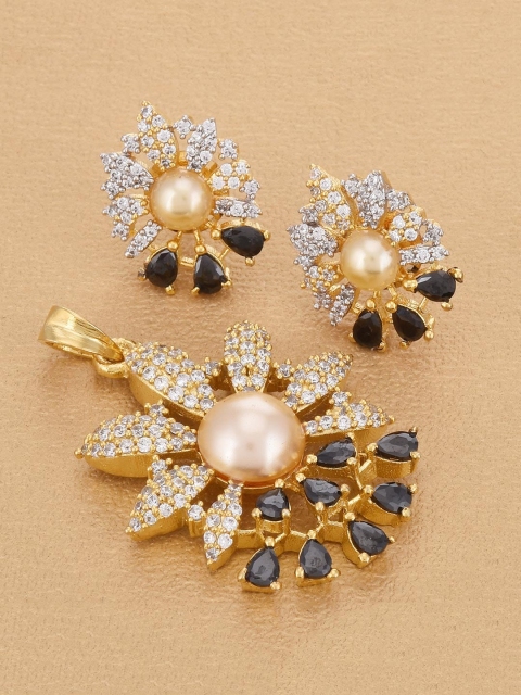 

Tistabene Gold-Plated Black & White Stone Studded Floral Pendant Set