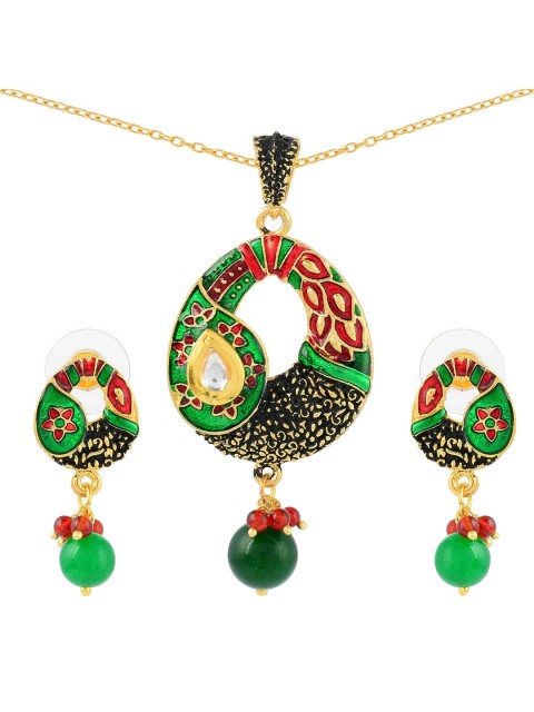 

Tistabene Gold-Toned & Green Floral Enameled Traditional Pendant Set