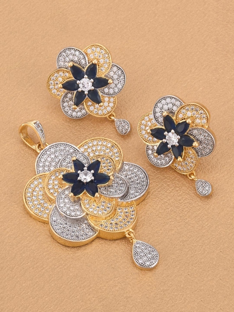 

Tistabene Navy Blue & White American Diamonds Floral Two Tone Plated Pendant Set