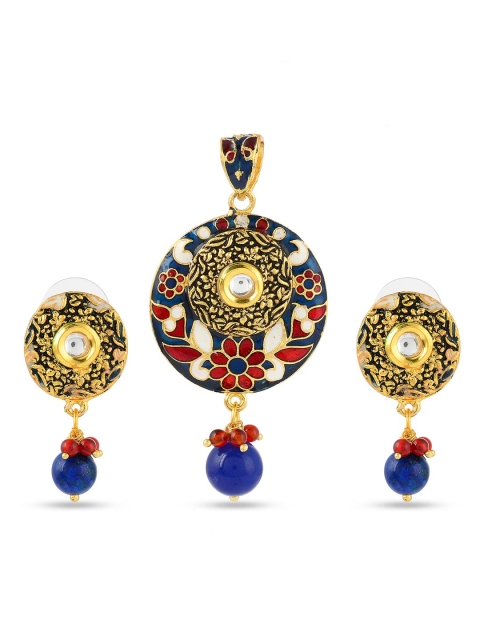 

Tistabene Blue & Red Gold Plated Floral Enamelled Traditional Pendant Set