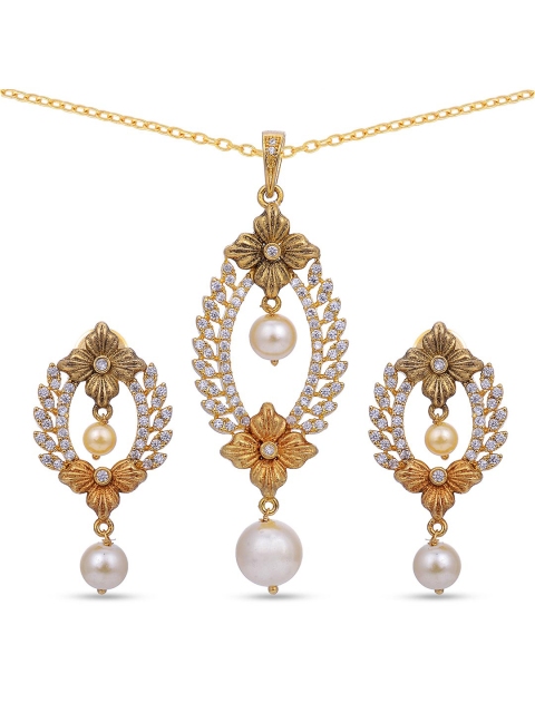 

Tistabene Gold-Plated White Pearl Beaded Floral Antique Designer Pendant Set