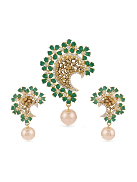 

Tistabene Woman Green Stones Floral Design Antique Pendant Set With Pearl Drops