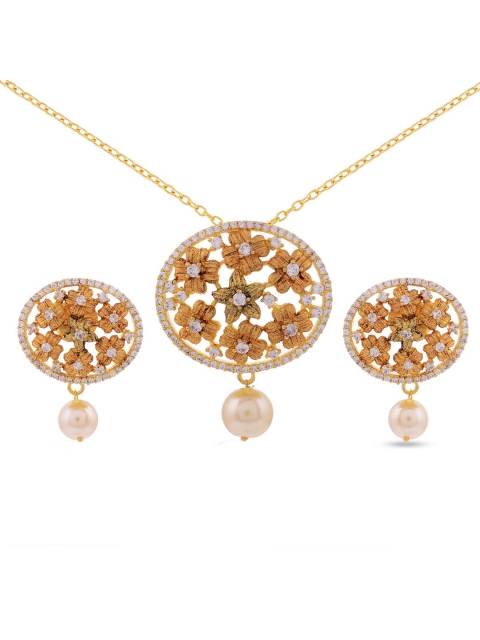 

Tistabene Gold-Plated Pearl & Stone Studded Floral Antique Pendant Set