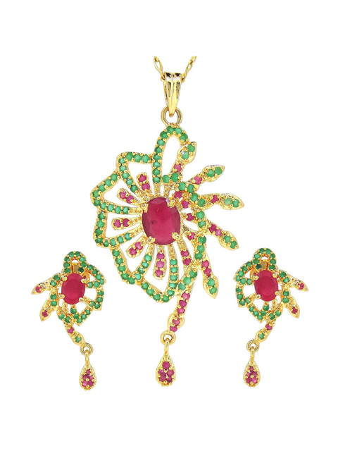 

Tistabene Green & Red Stone Studded Floral Panna Manak Gold-Plated Pendant Set