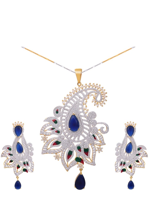 

Tistabene Gold-Plated Blue & White Stone-Studded Floral Enamelled Pendant Set