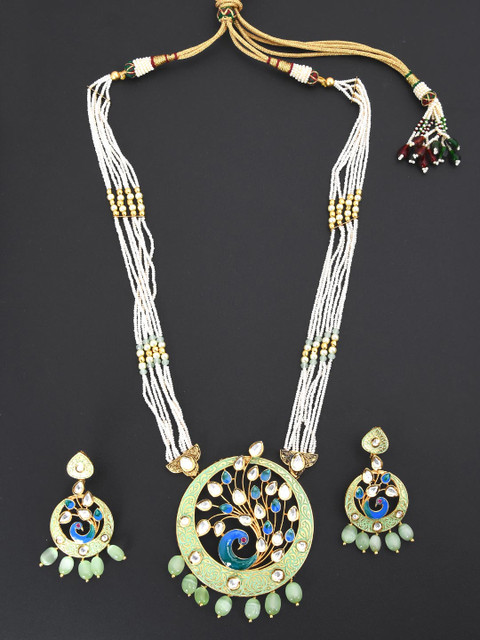 

Tistabene Green & White Gold Plated Peacock Enamelled Designer Pendant Set