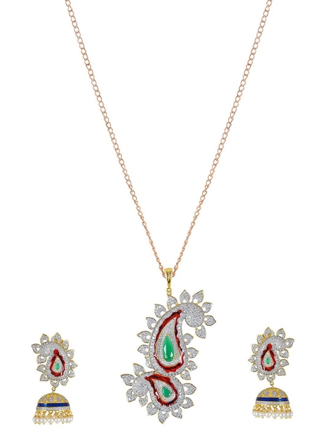 

Tistabene Gold-Plated White & Green Stone-Studded Traditional Enamelled Pendant Set