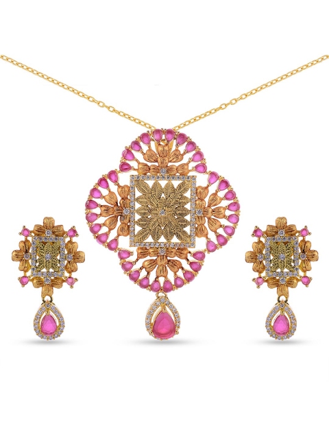 

Tistabene Gold-Plated & Red-Stone Studded Floral Antique Pendant Set