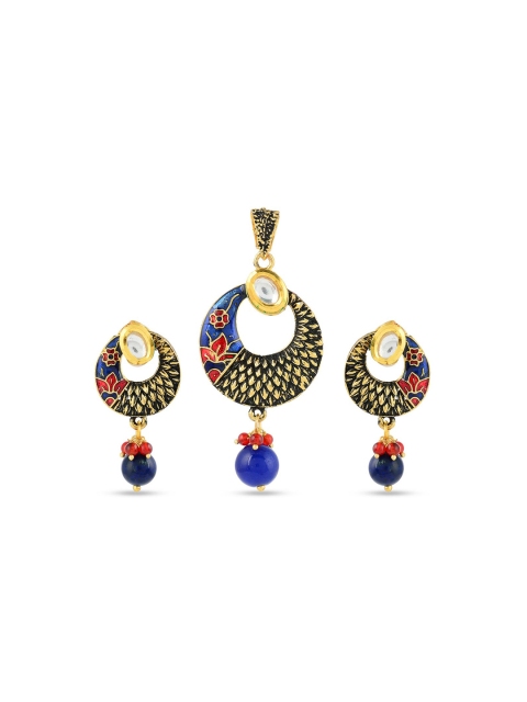 

Tistabene Gold-Plated Blue Beaded Floral Enamelled Traditional Pendant Set
