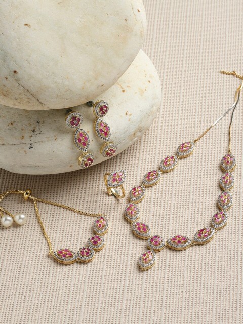 

ZENEME Gold-Plated White & Red AD-Studded Jewellery Set