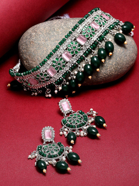 

ZENEME Women Silver-Plated Green & Pink Stone-Studded Traditional Choker