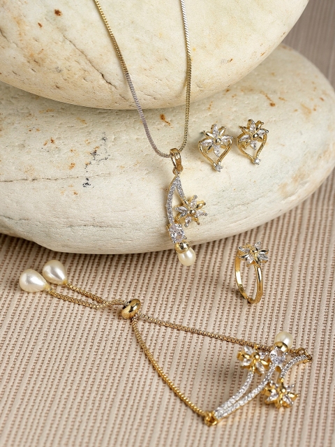 

ZENEME Gold-Plated White American Diamond Stone-Studded Jewellery Set