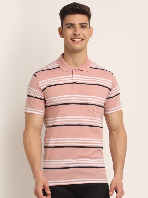 

VENITIAN Men Rose Gold Striped Polo Collar Pockets T-shirt