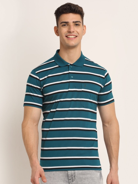

VENITIAN Men Turquoise Blue Striped Polo Collar T-shirt