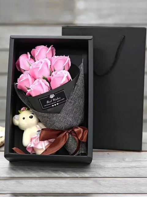 

TIED RIBBONS Pink Artificial Rose Flower Bouquet with Mini Teddy