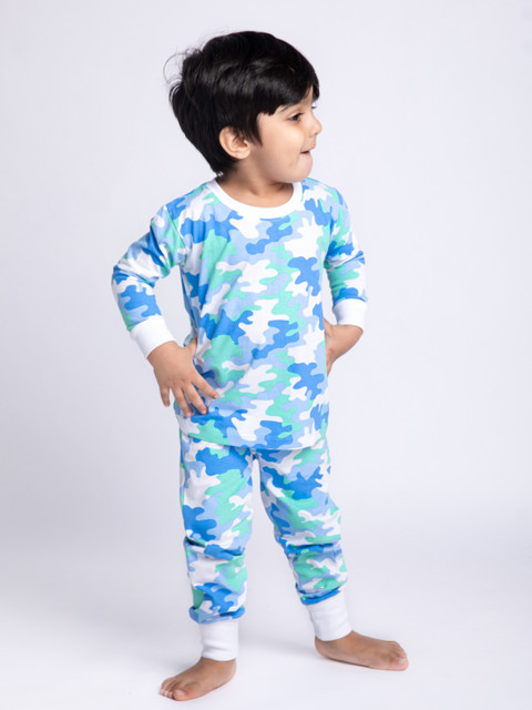 

Cuddles for Cubs Unisex Kids Cotton Blue & Green Printed Night suit