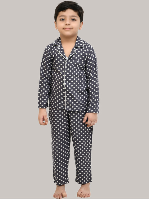 

Muffin Shuffin Unisex Kids Grey Polka Dots Printed Night Suits