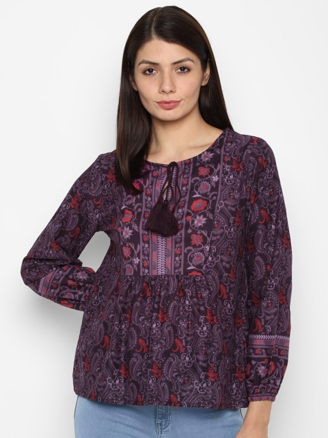 

Allen Solly Woman Purple & Red Print Tie-Up Neck Pure Cotton Top