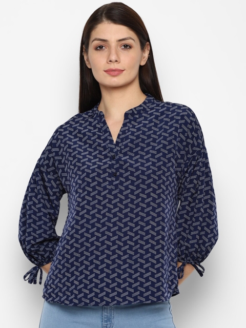 

Allen Solly Woman Navy Blue Geometric Print Mandarin Collar Top