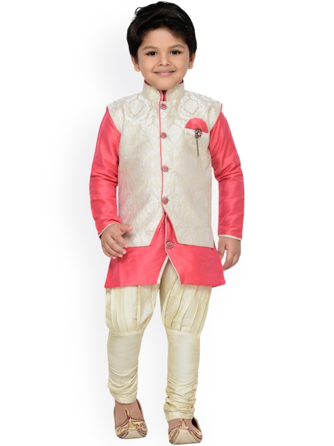 

Aj DEZInES Boys Cream-Coloured & Pink Kurta Pyjama with Nehru Jacket