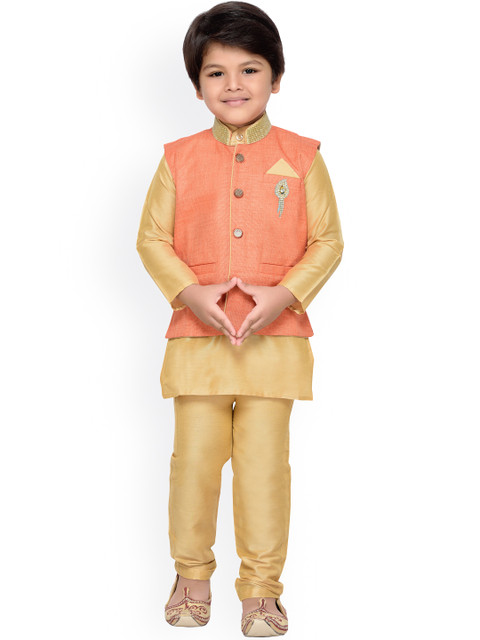 

Aj DEZInES Boys Gold-Toned & Orange Kurta Pyjama with Nehru Jacket