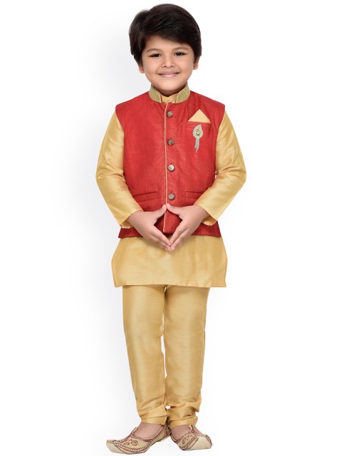 

Aj DEZInES Boys Gold-Toned & Red Kurta Pyjama with Nehru Jacket