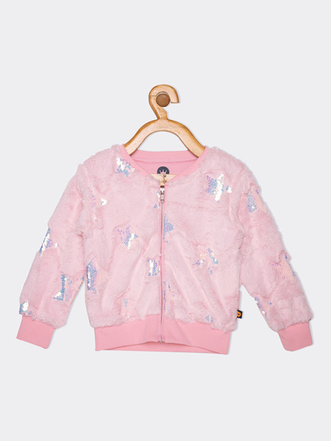 

VITAMINS Girls Pink Self Design Sequin Bomber Jacket