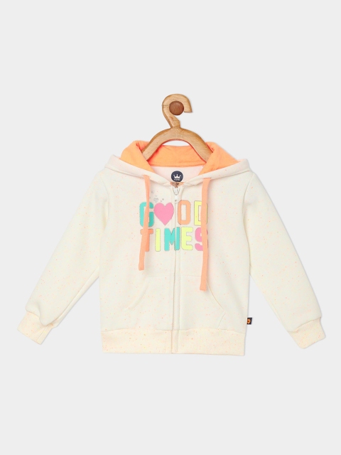 

VITAMINS Girls Off White Typography Fleece Open Front Jacket