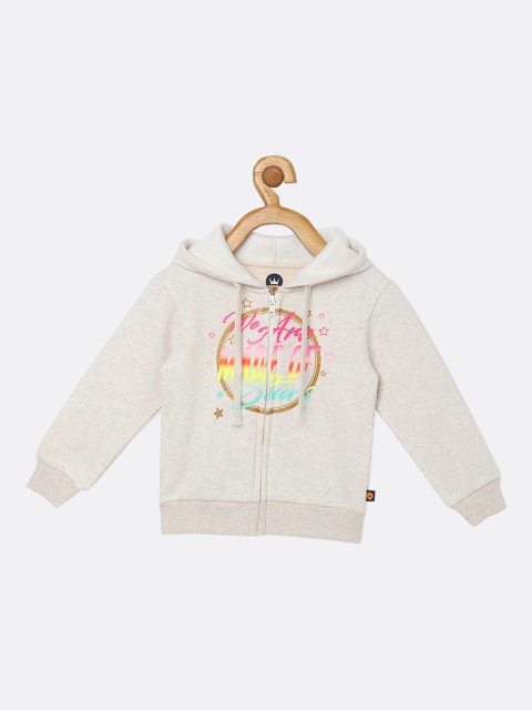 

VITAMINS Girls Beige Printed Fleece Bomber Jacket