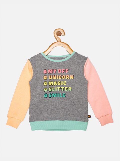 

VITAMINS Girls Grey Melange & Pink Printed Cotton Sweatshirt