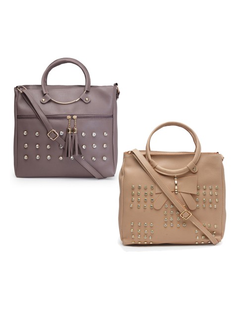 

borse lele Set of 2 Embellished PU Structured Handheld Bags with Tasselled, Beige