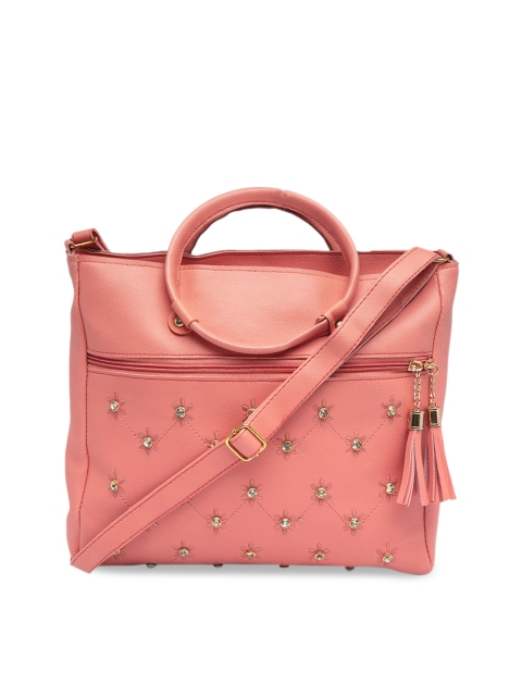 

borse lele Peach-Coloured Embellished PU Structured Handheld Bag