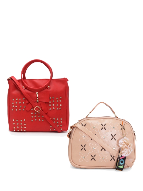 

borse lele Set Of 2 Red & Beige Embellished PU Structured Handheld Bag with Cut Work