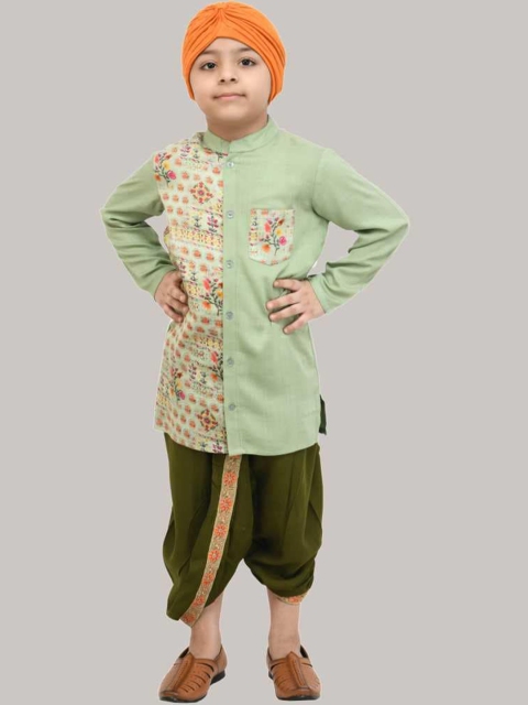 

Muffin Shuffin Boys Green Floral Embroidered Pleated Kurti with Dhoti Pants