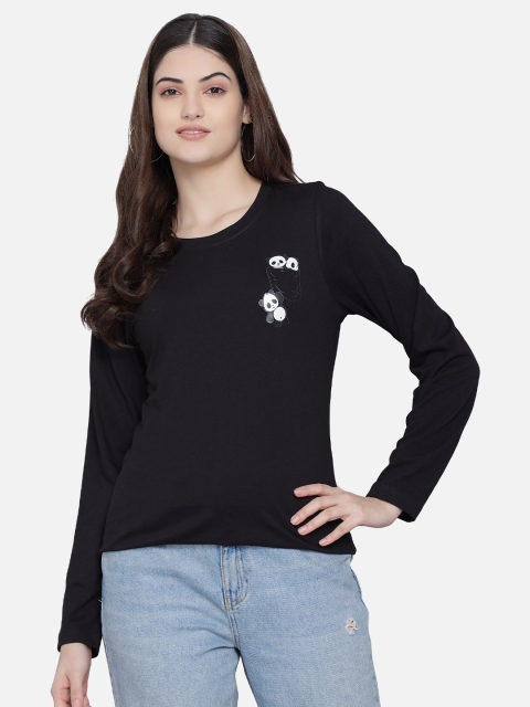 

PockMAN Women Black Solid Panda Detail T-shirt