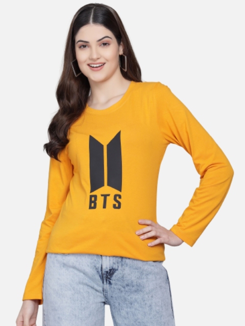 

PockMAN Women Mustard Yellow BTS Printed T-shirt