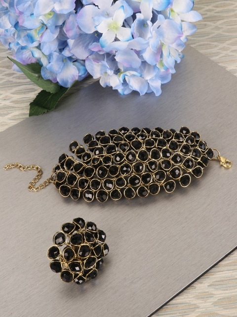 

PENNY JEWELS Set Of 2 Stylish Black Beaded Ring & Bracelet