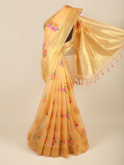 

Pothys Orange & Pink Floral Woven Design Organza Saree