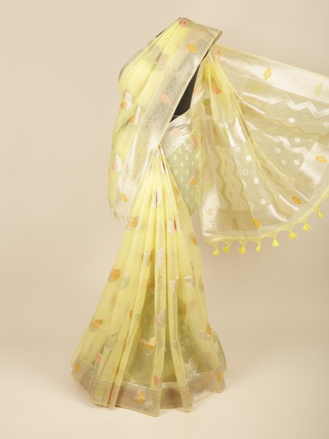 

Pothys Yellow & Orange Ethnic Motifs Zari Organza Saree