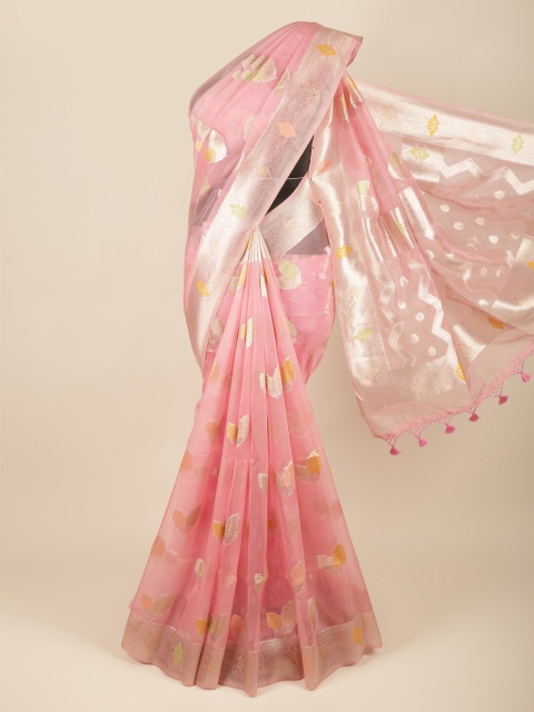 

Pothys Pink & Gold-Toned Ethnic Motifs Zari Organza Saree