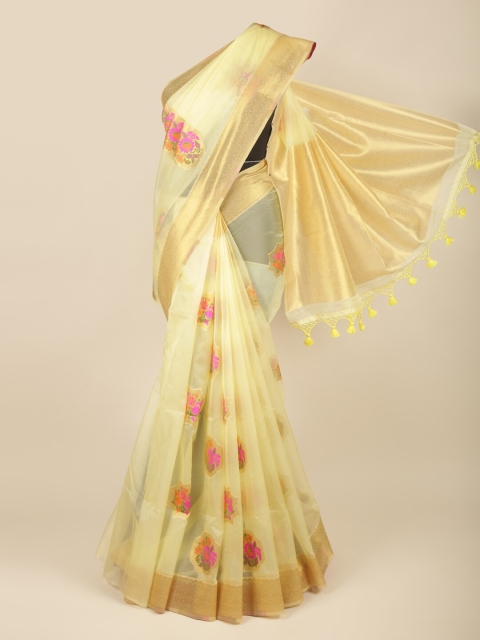 

Pothys Women Yellow & Gold-Toned Floral Woven Design Zari Organza Saree