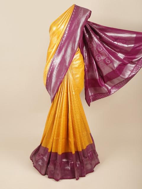 

Pothys Women Yellow & Burgundy Ethnic Motifs Woven Design Zari Art Silk Saree