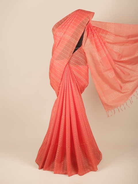 

Pothys Women Coral & Gold-Toned Woven Design Jute Silk Saree