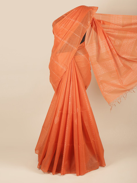 

Pothys Orange & White Striped Embroidered Jute Silk Saree