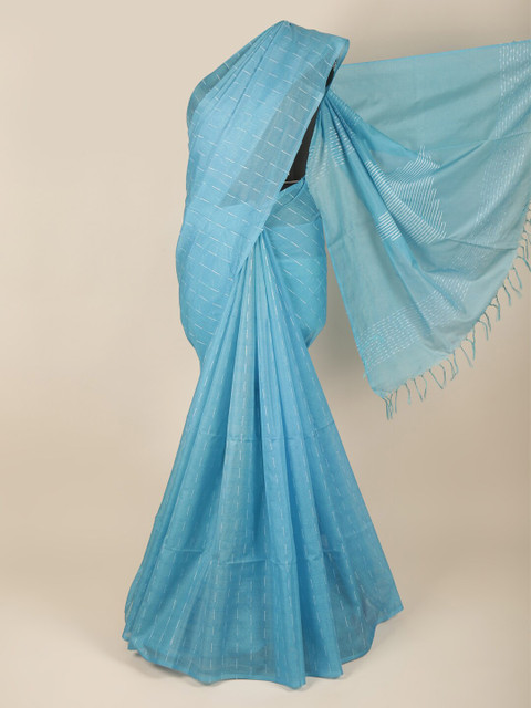 

Pothys Blue & White Embroidered Striped Jute Silk Saree